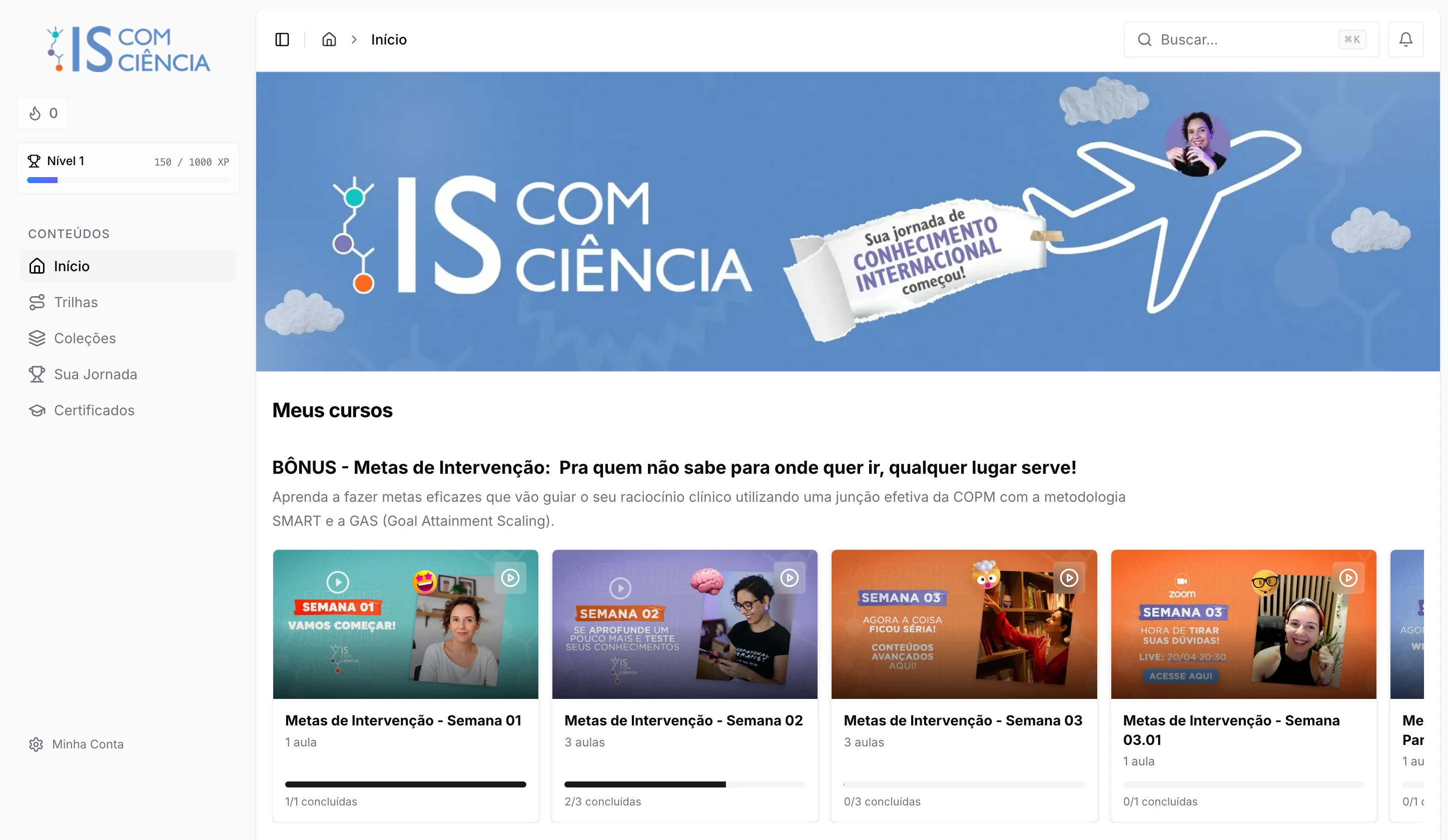 Área de treinamento da IS com Ciência, com a marca da empresa, trilhas e progresso dos conteúdos; dados pessoais da conta ocultados